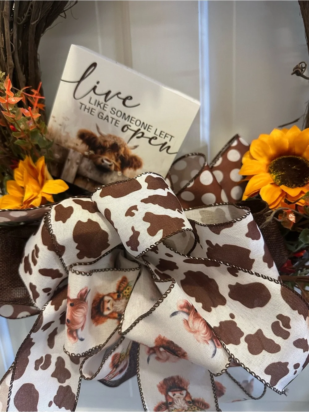 Home Holiday Rustic Sunflower & Cow Print Grapevine Wreath